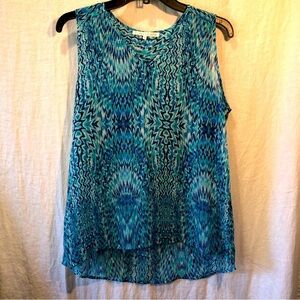 Violet + Claire v neck tank top semi sheer aqua and navy kaleidoscope pattern M
